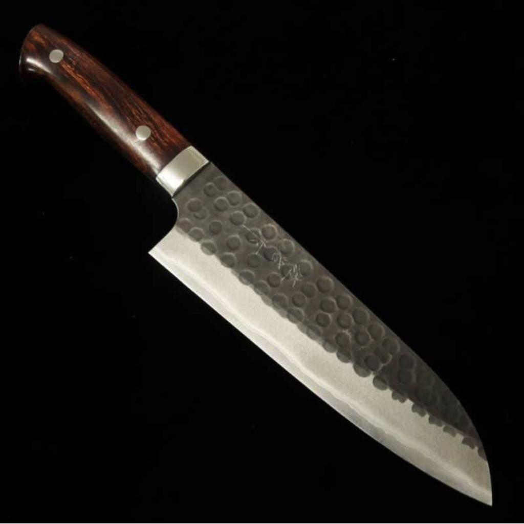 Takeshi Saji Blue Paper Super Black-Finished Hammered Santoku with Ironwood Handle (180mm)