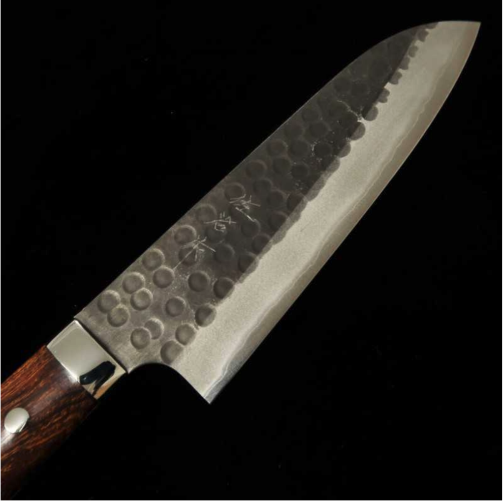 Takeshi Saji Blue Paper Super Black-Finished Hammered Santoku with Ironwood Handle (180mm)