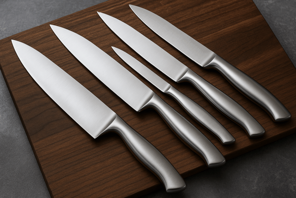 all-stainless chef knife hero image on cutting board