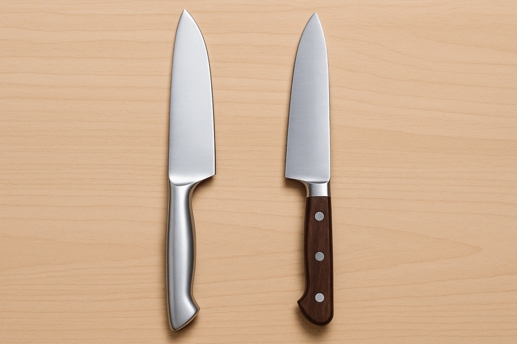 all-stainless vs traditional handled knife side by side