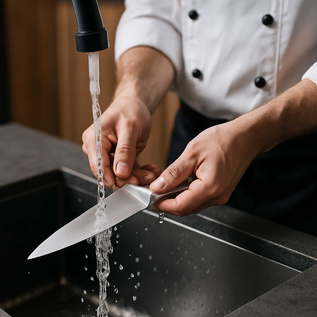 chef washing seamless stainless knife under running water