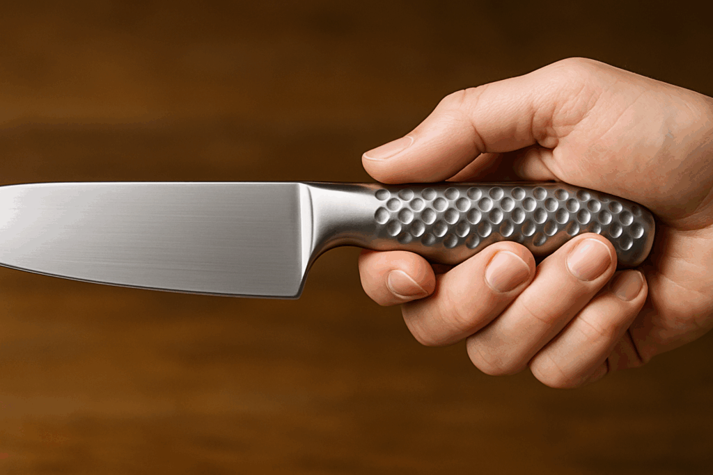 dimpled handle grip close-up of stainless knife balance