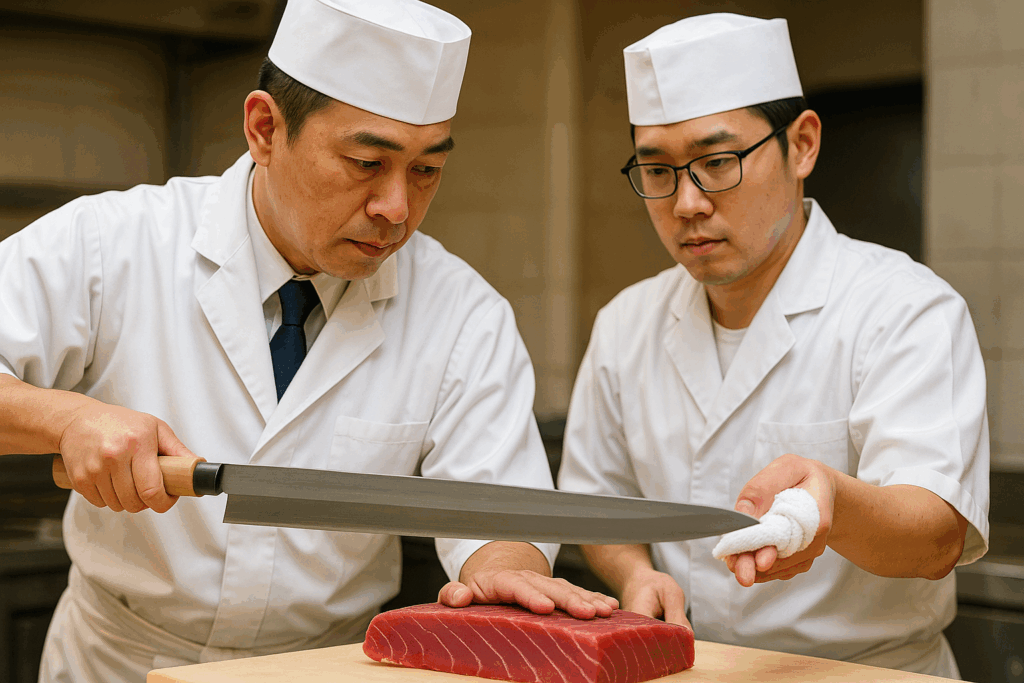 “Chef and assistant perform a two-person cut with a 1-meter maguro bocho; assistant grips the towel-wrapped tip.”