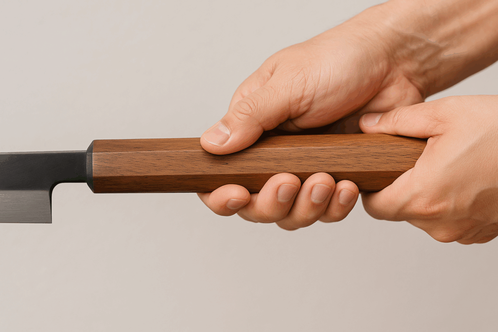 Close-up of a two-hand grip on the extended octagonal wooden handle of a maguro bocho.