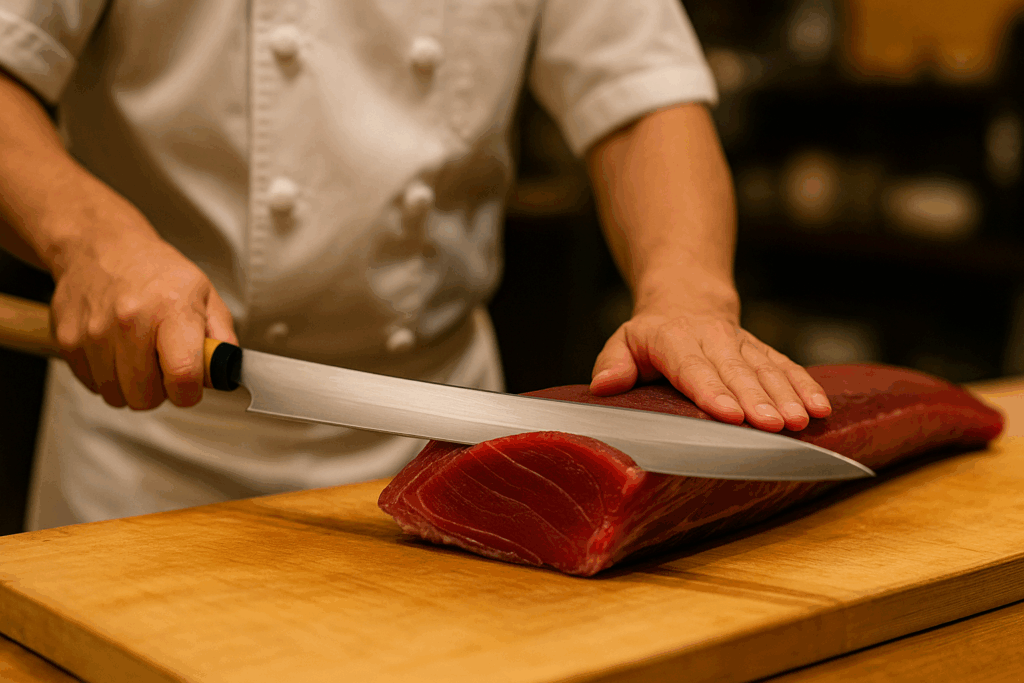 Side-angle shot of a maguro bocho staying nearly straight as it glides along a tuna spine, illustrating subtle flex without bending.