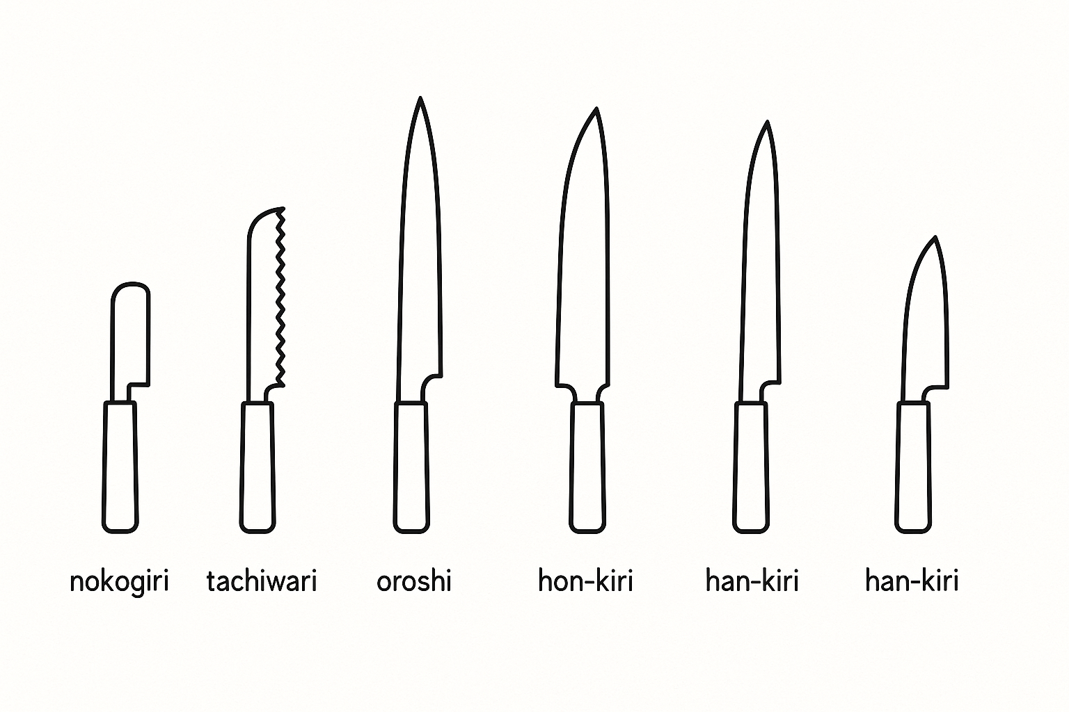 “Simple icon lineup of five tuna-knife types — nokogiri, tachiwari, oroshi, hon-kiri, han-kiri — with labels beneath each.”